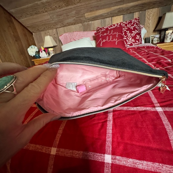 Juicy Couture Black Velvet Cosmetic Bag w/ Rhinestone Belt & Pink Lining. - Picture 2 of 4